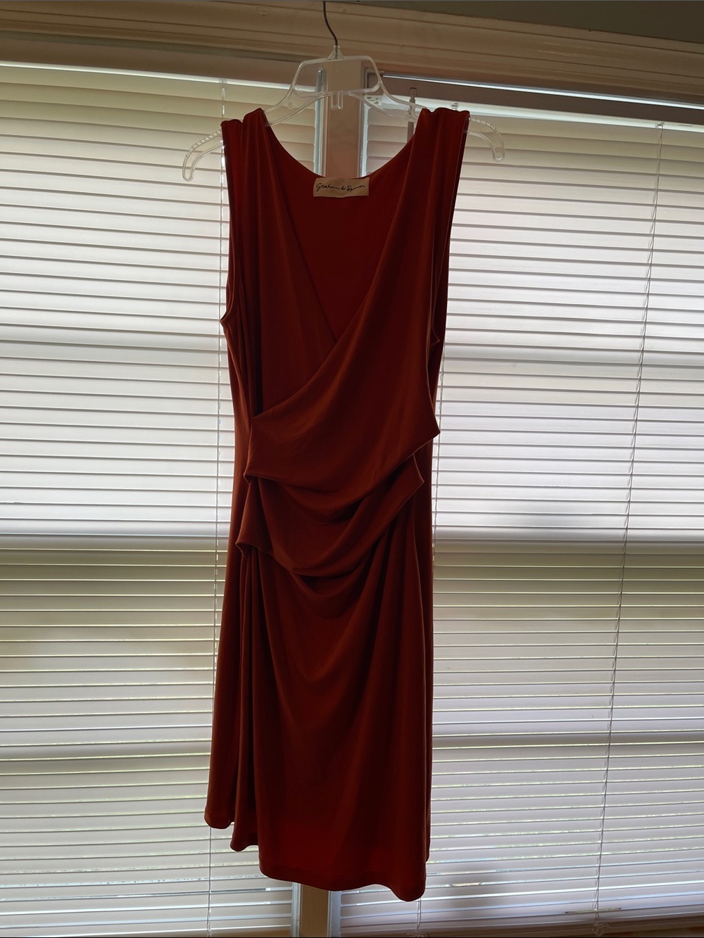 Elegant Rust Red Draped Sleeveless Dress - Brand: Graham & Spencer